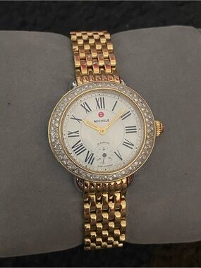 Stunning Michele Serein Gold tone 84 Diamond Bezel Ladies Dress Watch. Size:6.5